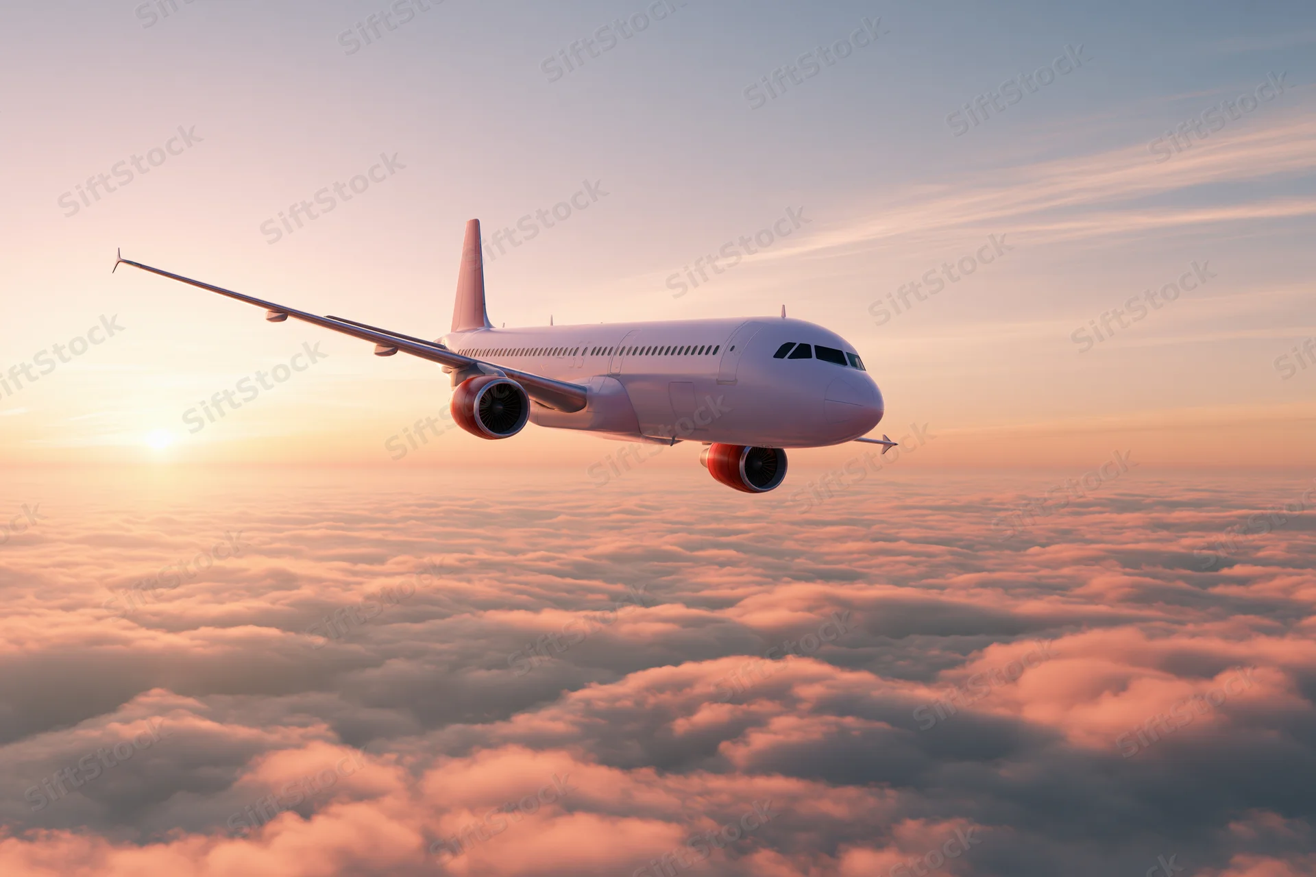 Commercial passenger jet in level cruise flight above dense cloud layer at sunset