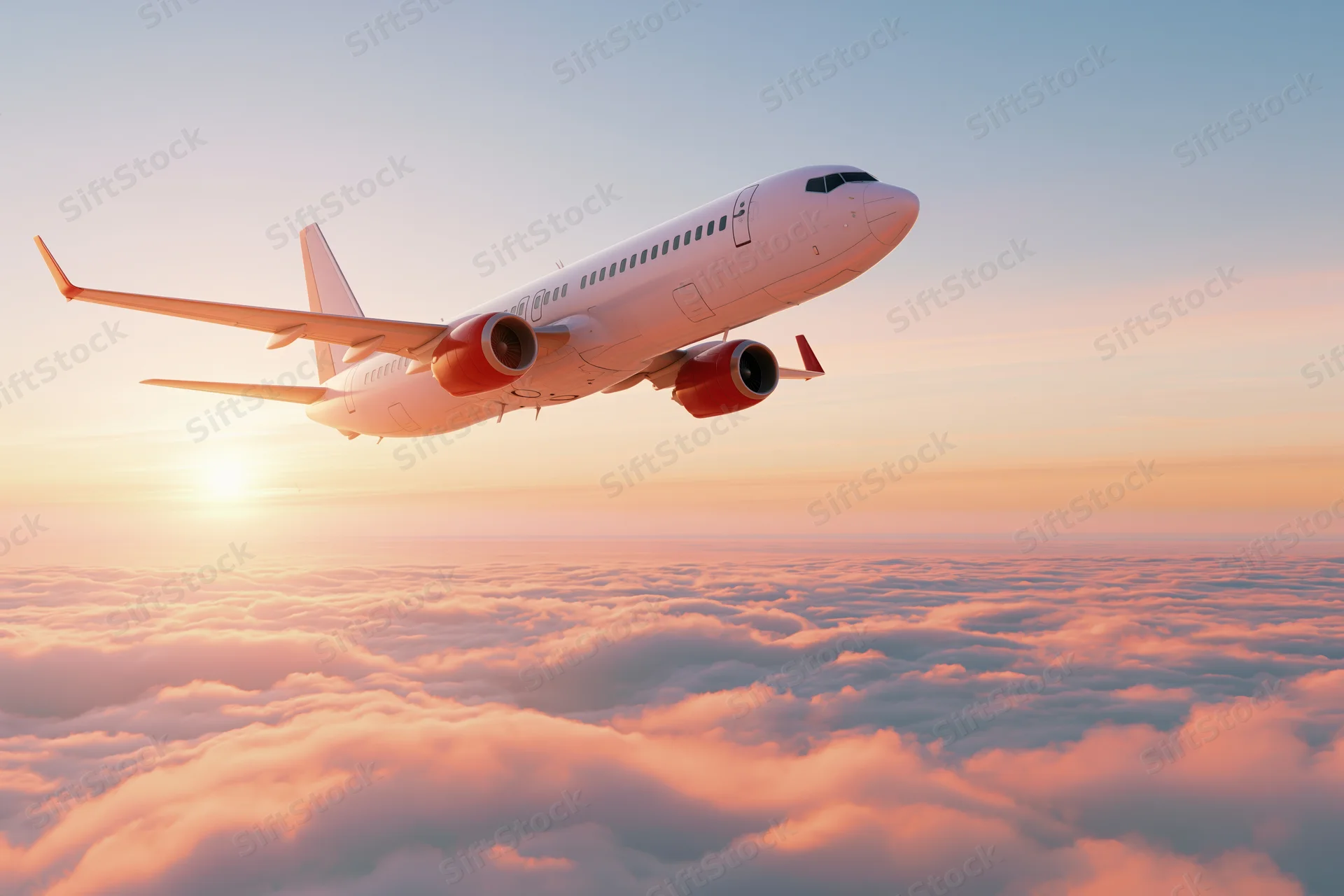 Commercial passenger jet in level cruise flight above dense cloud layer at sunset