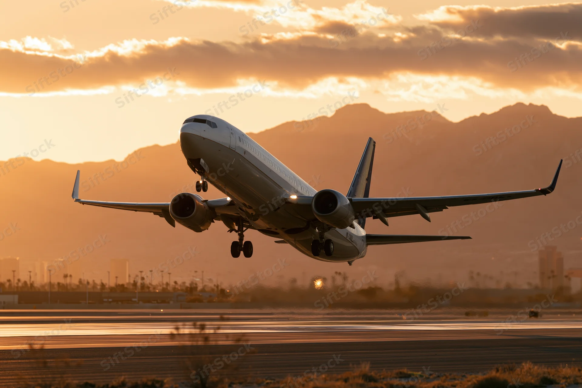 Commercial passenger jet lifting off from runway with landing gear extended at sunset over mountains and cityscape