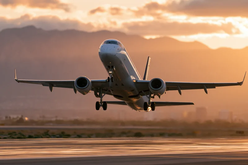 Commercial passenger jet lifting off from runway with landing gear extended at sunset