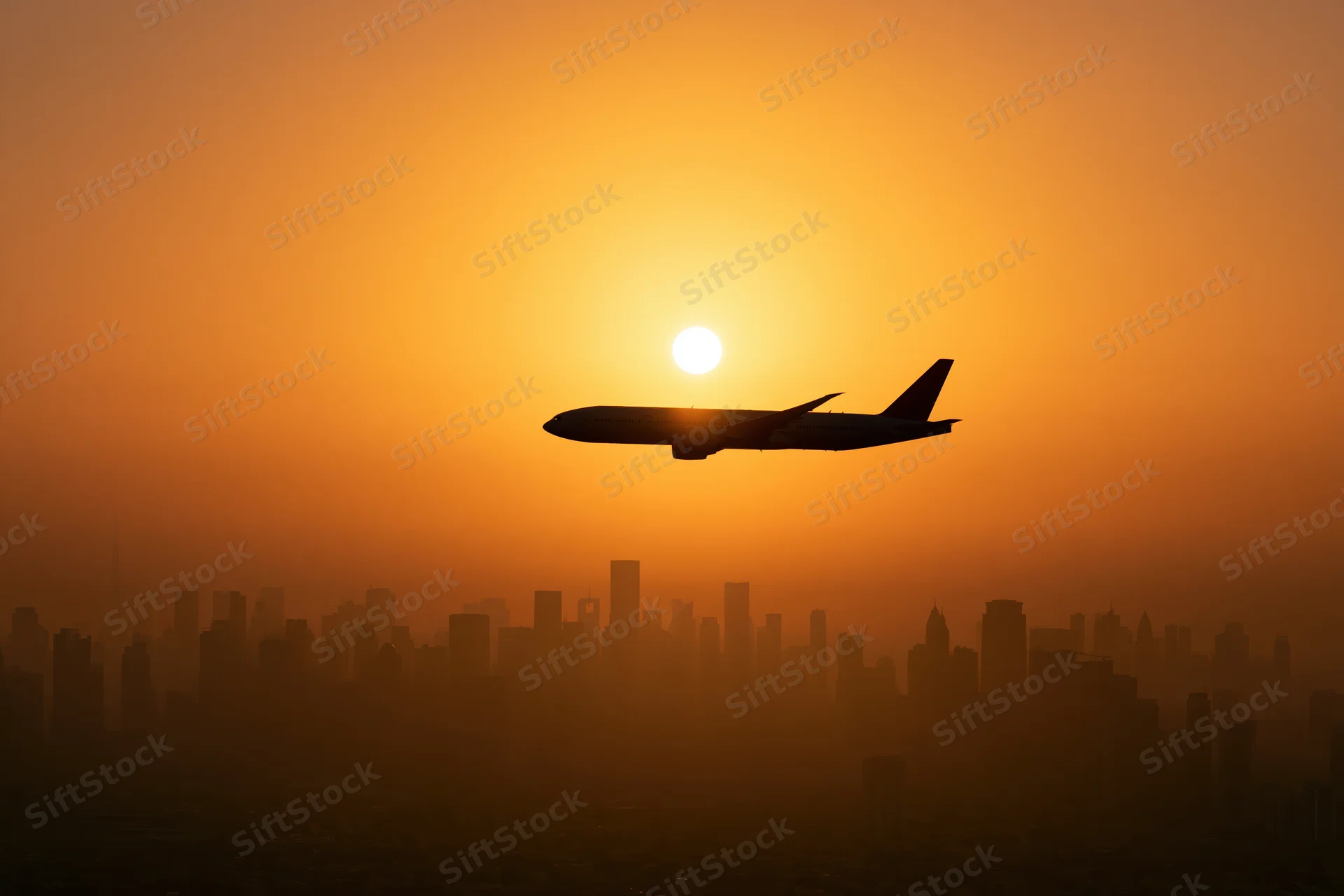 Commercial passenger jet silhouetted against glowing sunset over city skyline