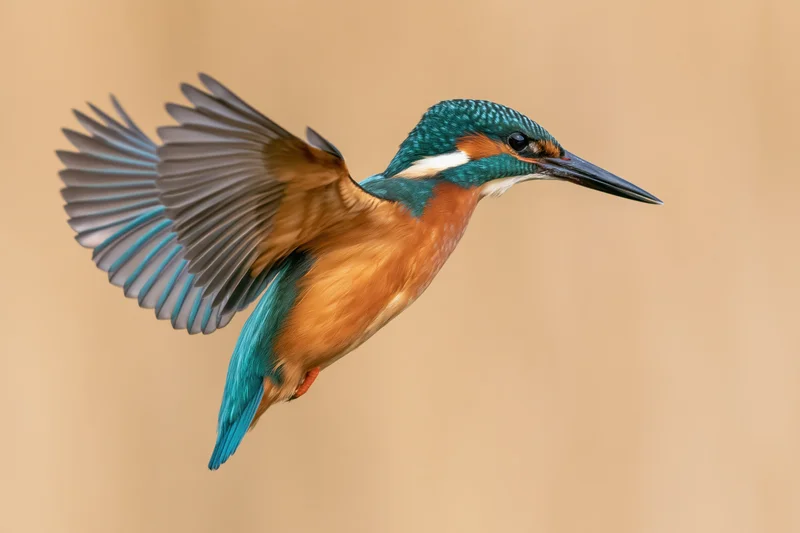Common kingfisher mid-dive with wings fully spread and angled back against plain background