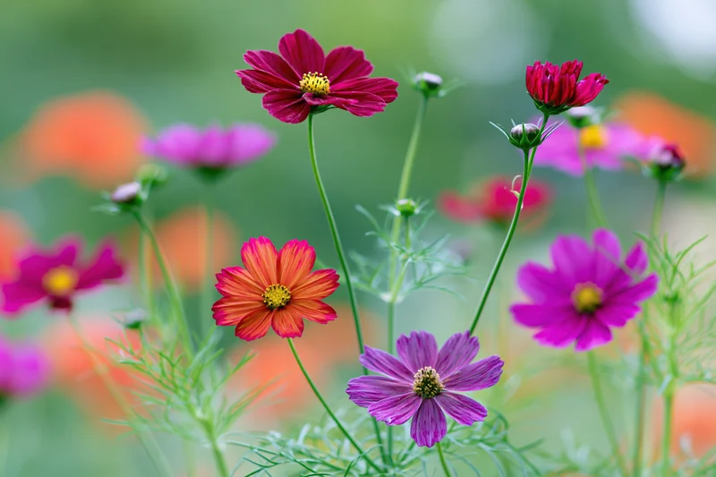 Cosmos wildflowers in full bloom with buds on slender green stems in a garden meadow