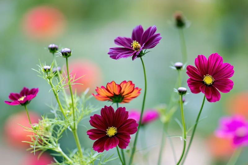 Cosmos wildflowers in full bloom with buds on slender green stems in a garden setting