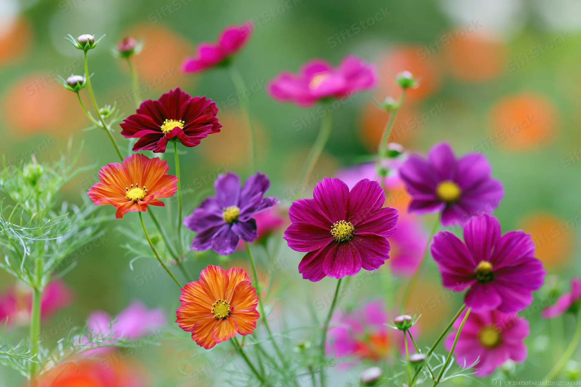 Cosmos wildflowers in full bloom with buds on slender green stems in a garden setting