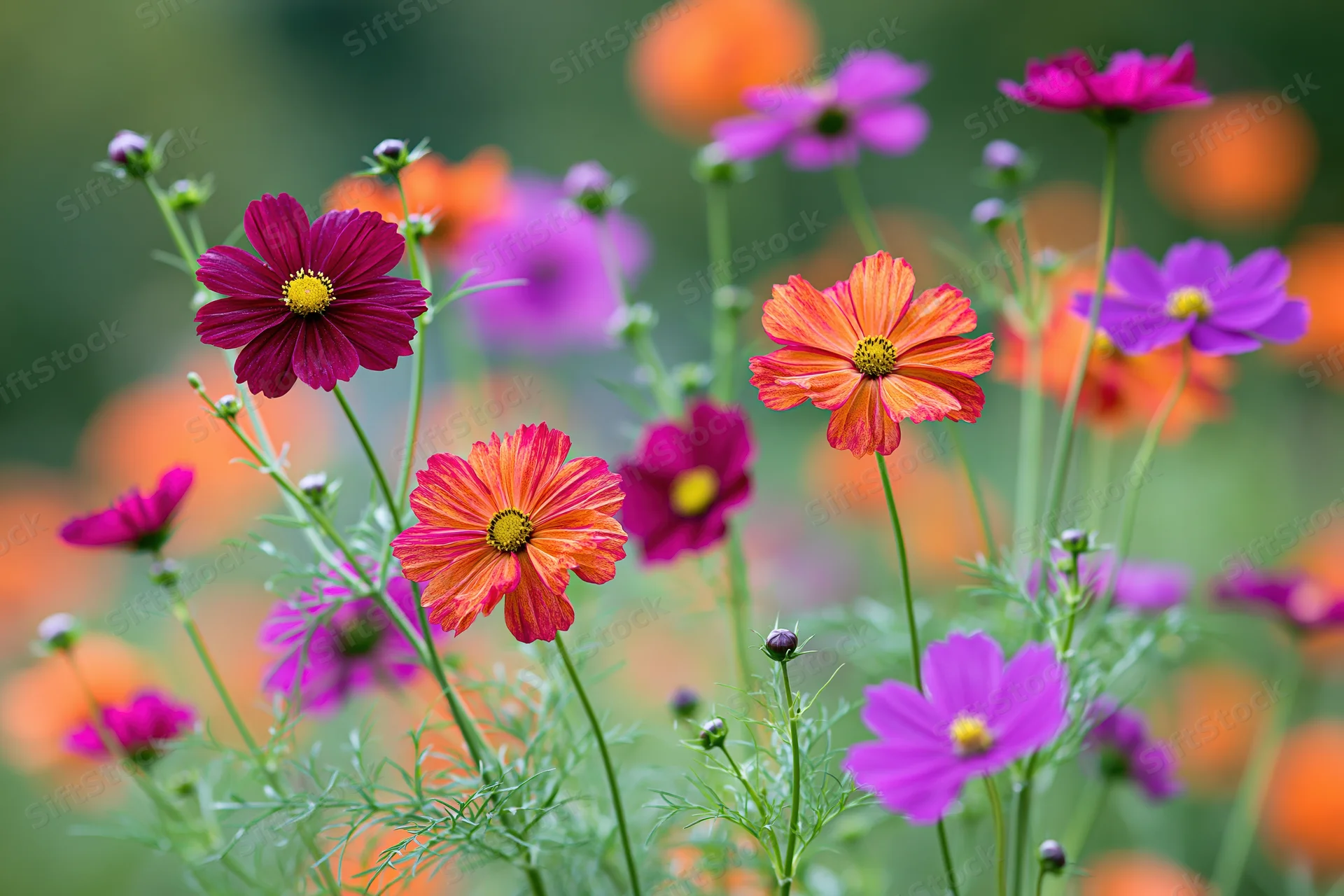 Cosmos wildflowers in full bloom with buds on slender green stems in a garden setting