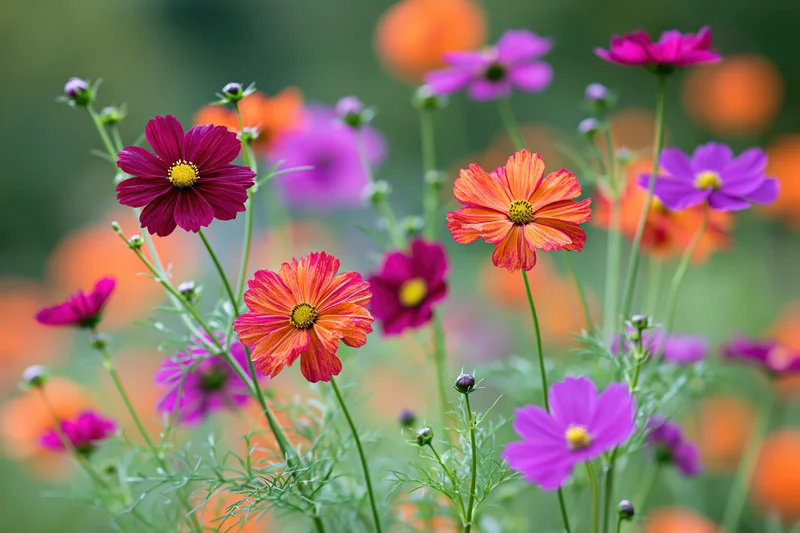 Cosmos wildflowers in full bloom with buds on slender green stems in a garden setting