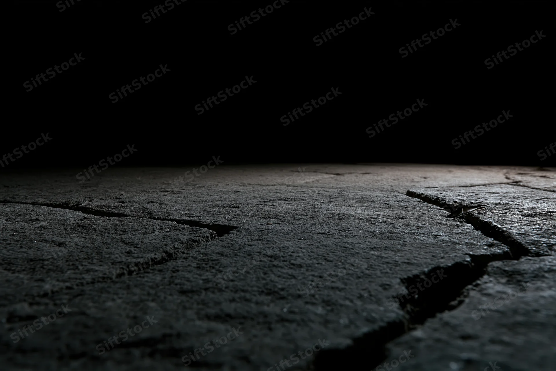 Cracked concrete floor fading into darkness from low angle wide view