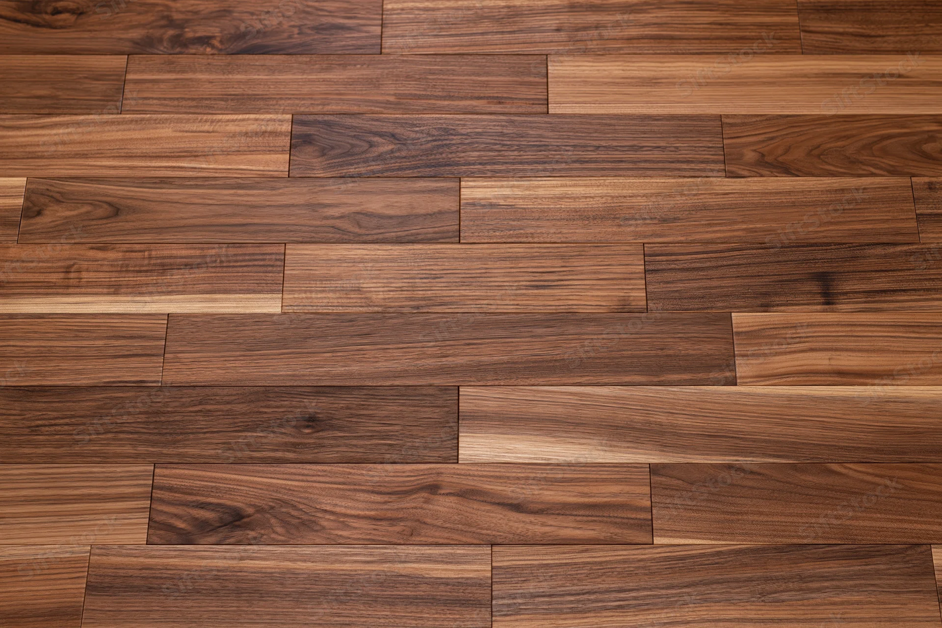Dark walnut hardwood parquet floor viewed from directly above, showcasing natural wood grain and seamless plank pattern