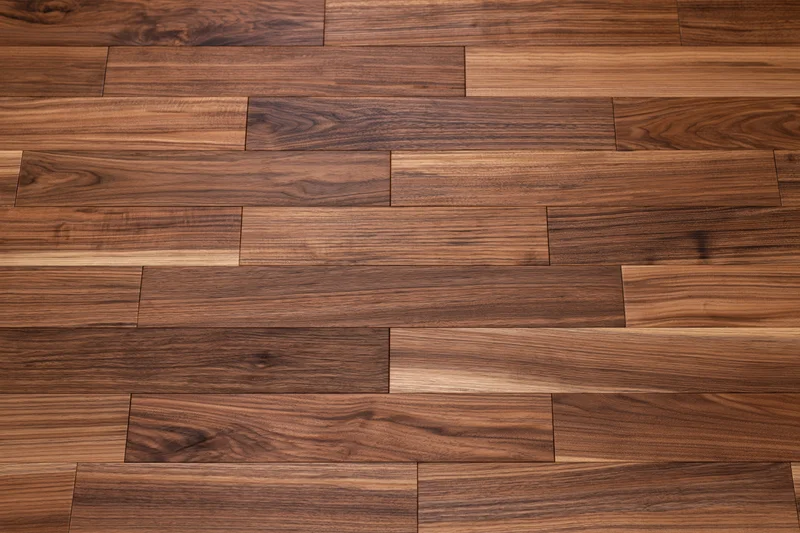 Dark walnut hardwood parquet floor viewed from directly above, showcasing natural wood grain and seamless plank pattern