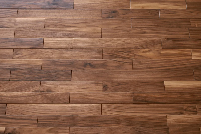 Dark walnut hardwood parquet floor arranged in staggered planks viewed from directly above