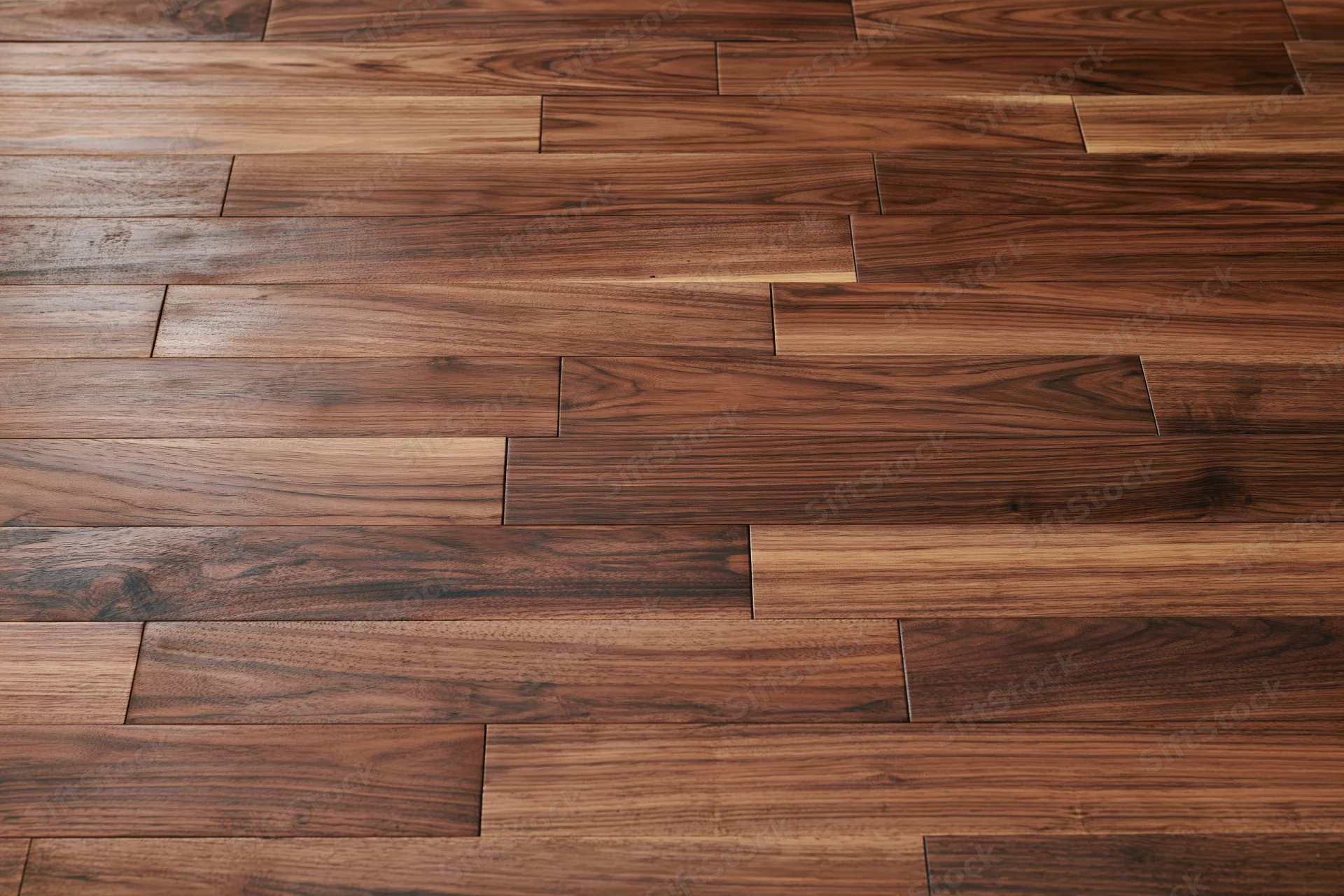 Dark walnut hardwood parquet floor viewed from directly above showing natural wood grain and plank pattern