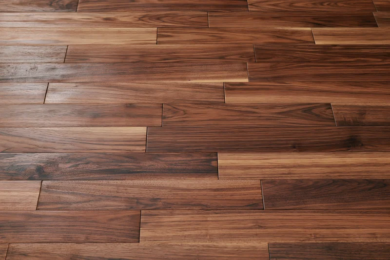 Dark walnut hardwood parquet floor viewed from directly above showing natural wood grain and plank pattern