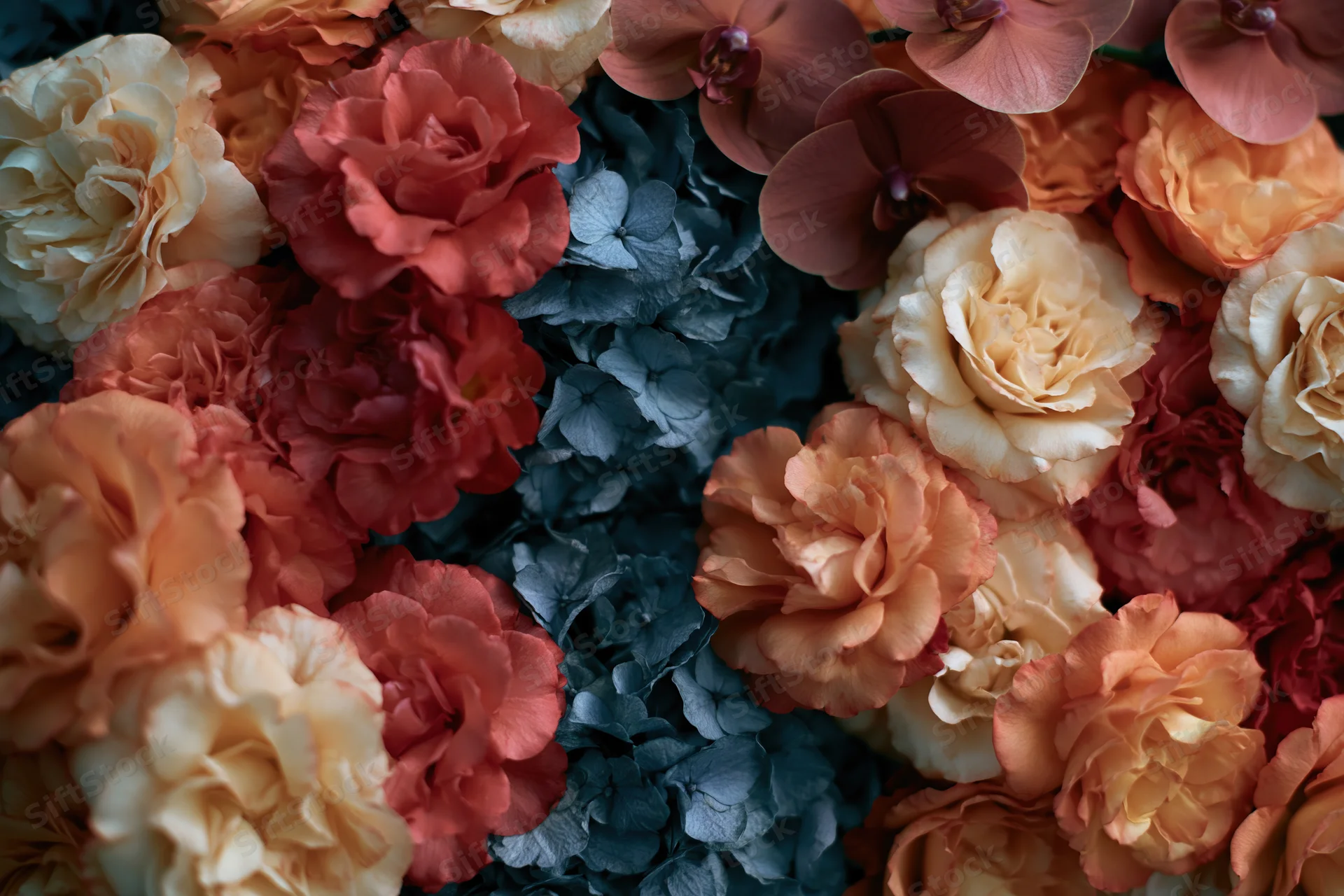 Dense floral arrangement of roses, hydrangeas and orchids in warm and cool tones