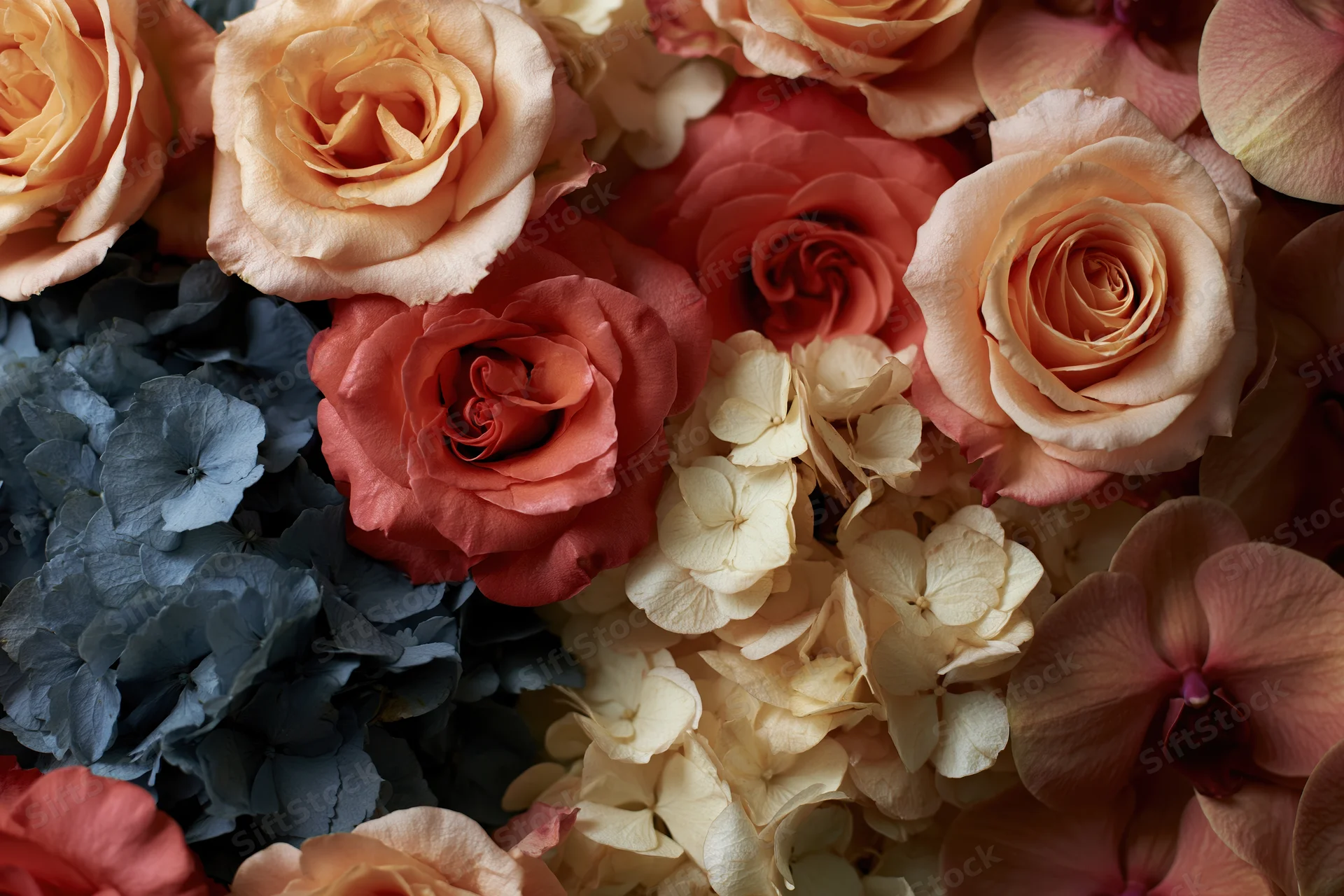 Dense floral arrangement of roses, hydrangeas and orchids in soft pastel tones