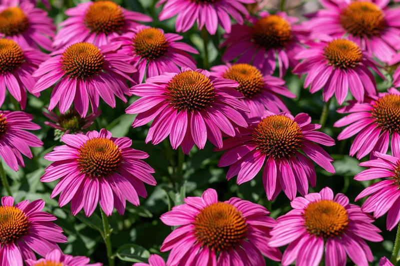 Dense cluster of purple coneflowers blooming in a garden with green foliage and orange centers
