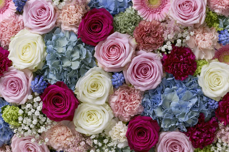 Dense flat-lay arrangement of mixed cut flowers including roses, hydrangeas, and carnations in pink, white, purple, and blue hues