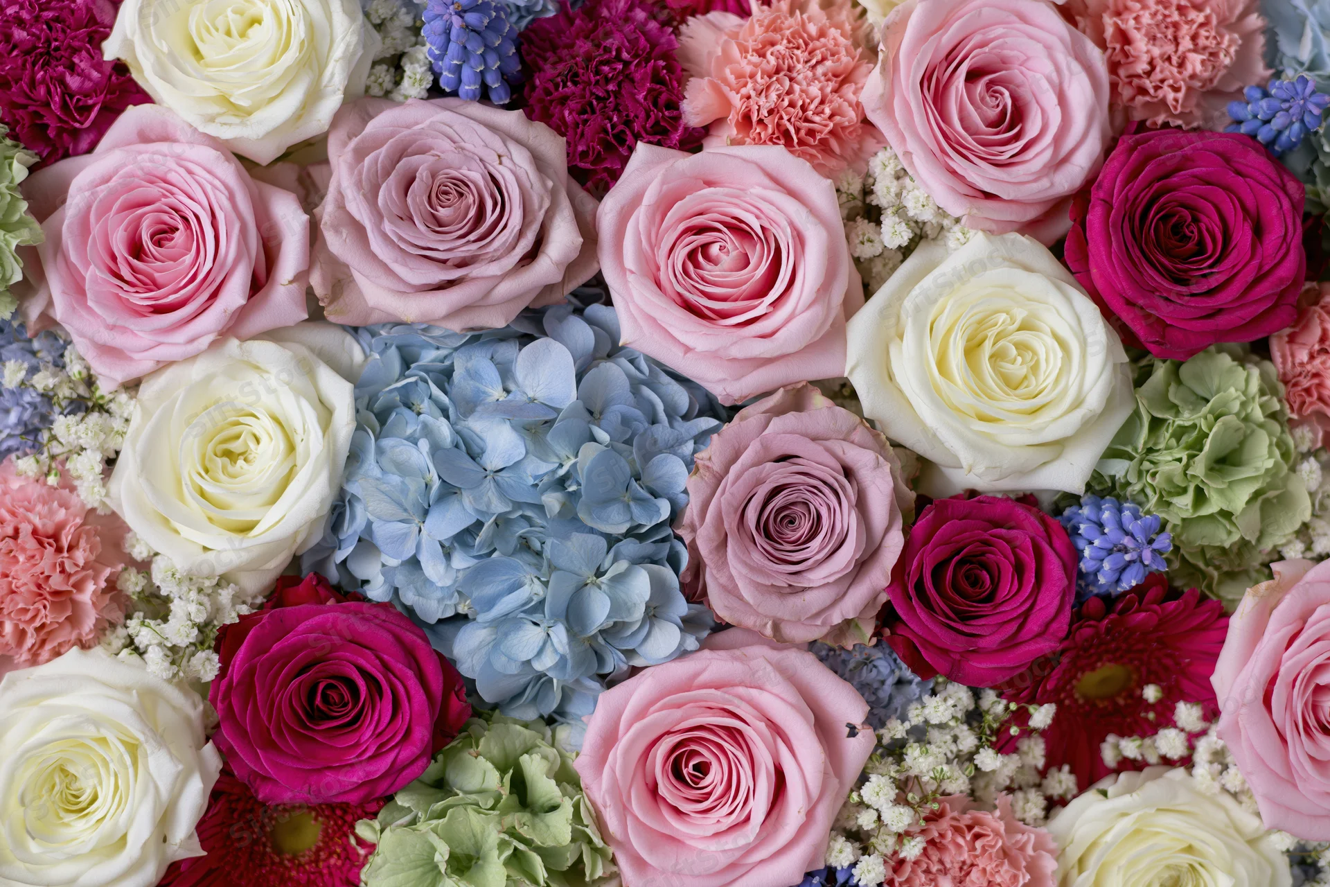 Dense flat-lay arrangement of mixed cut flowers including roses and hydrangeas in pastel and vibrant hues