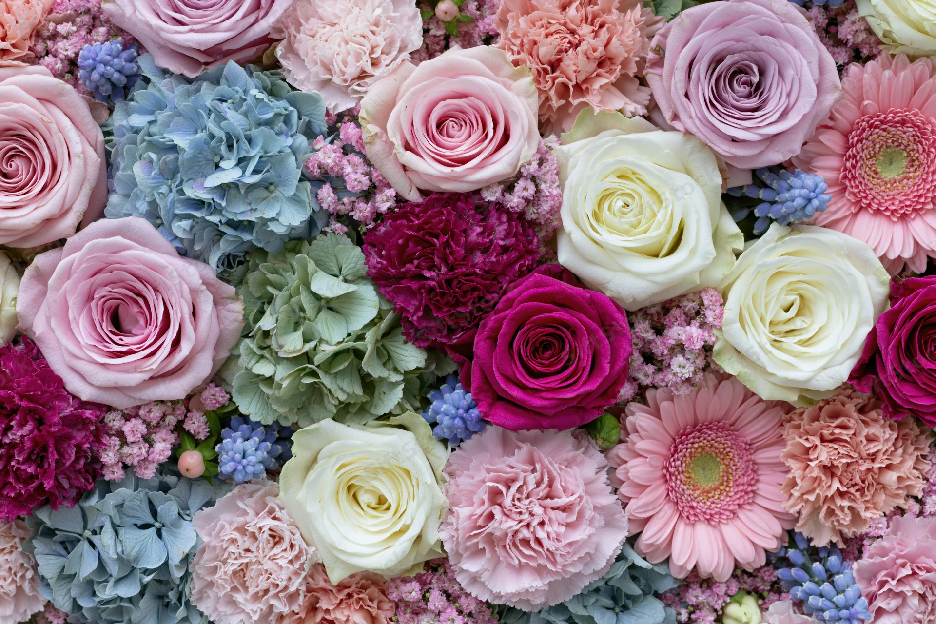 Dense flat-lay arrangement of mixed cut flowers including roses, hydrangeas, and gerberas in soft pastel colors
