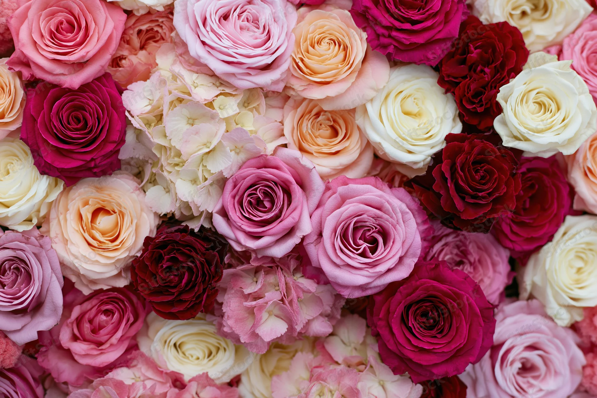 Dense wall of mixed roses and hydrangeas packed tightly together