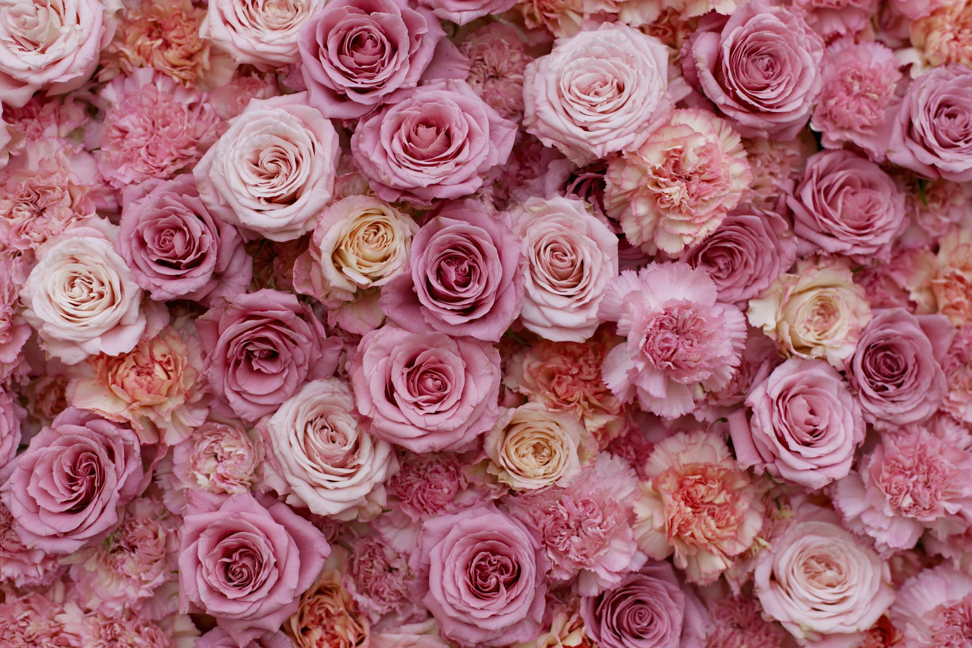 Dense wall of tightly packed pink roses and carnations forming a floral backdrop
