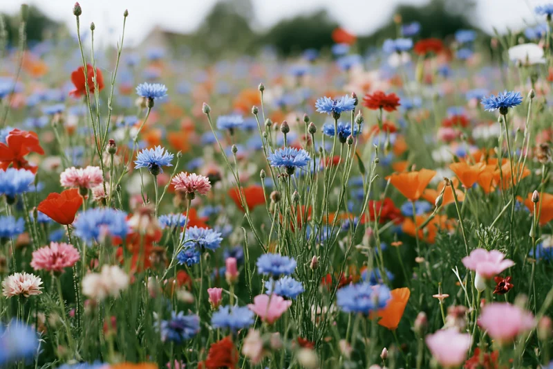 Dense wildflower meadow with cornflowers and poppies in full bloom, scattered across a green field