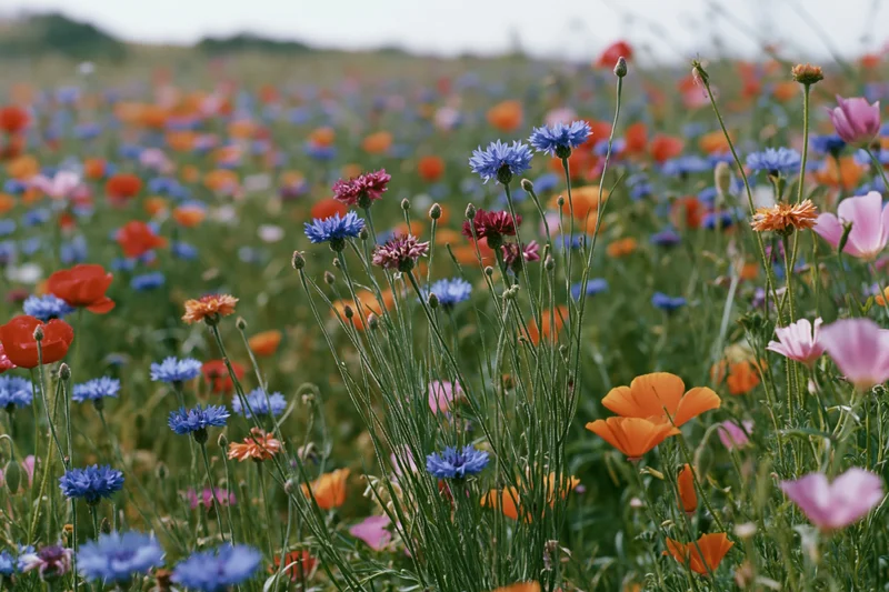 Dense wildflower meadow with cornflowers and poppies in full bloom, scattered across a green field