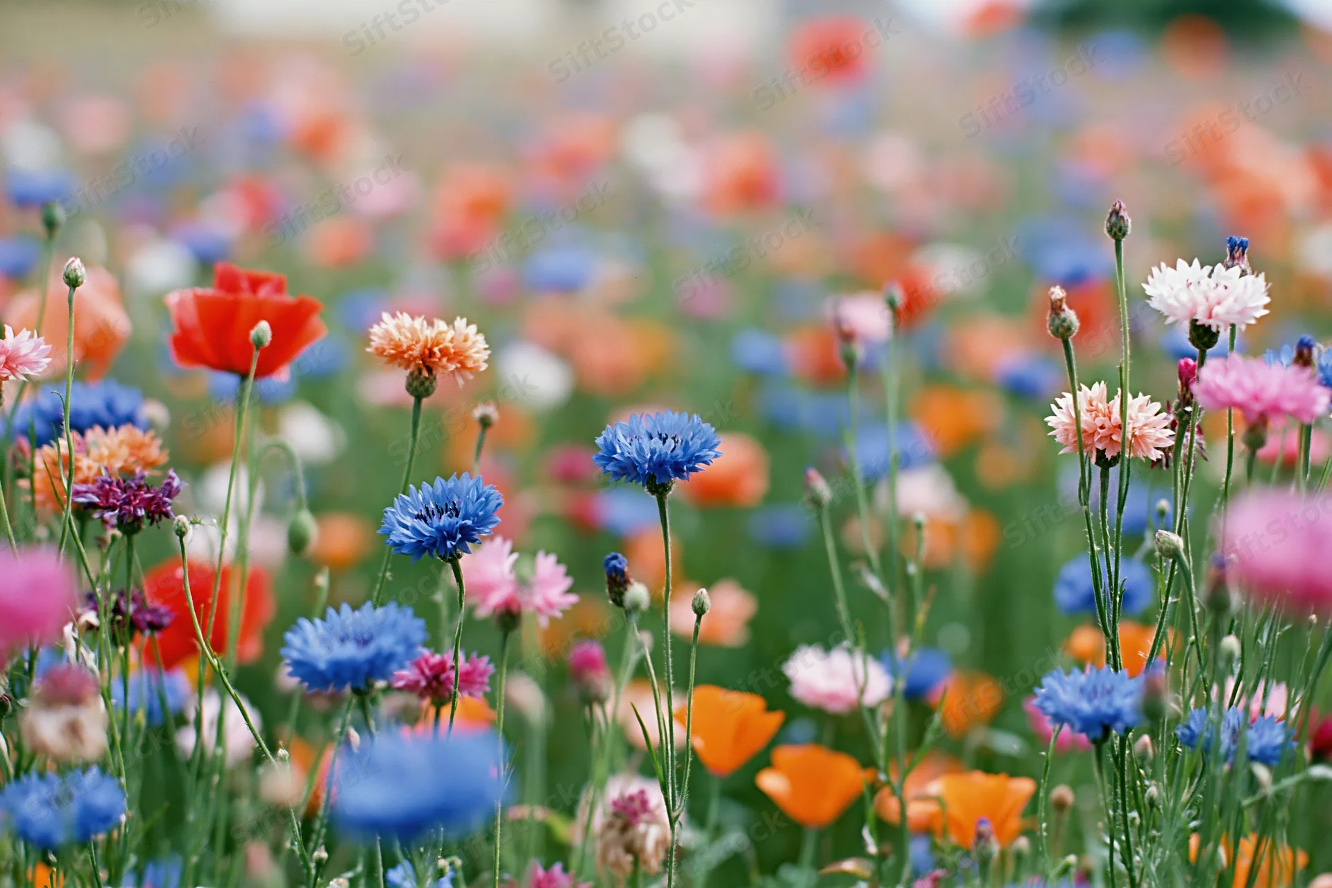 Dense wildflower meadow with cornflowers and poppies in full bloom, green grass and colorful blossoms scattered throughout