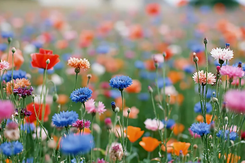 Dense wildflower meadow with cornflowers and poppies in full bloom, green grass and colorful blossoms scattered throughout
