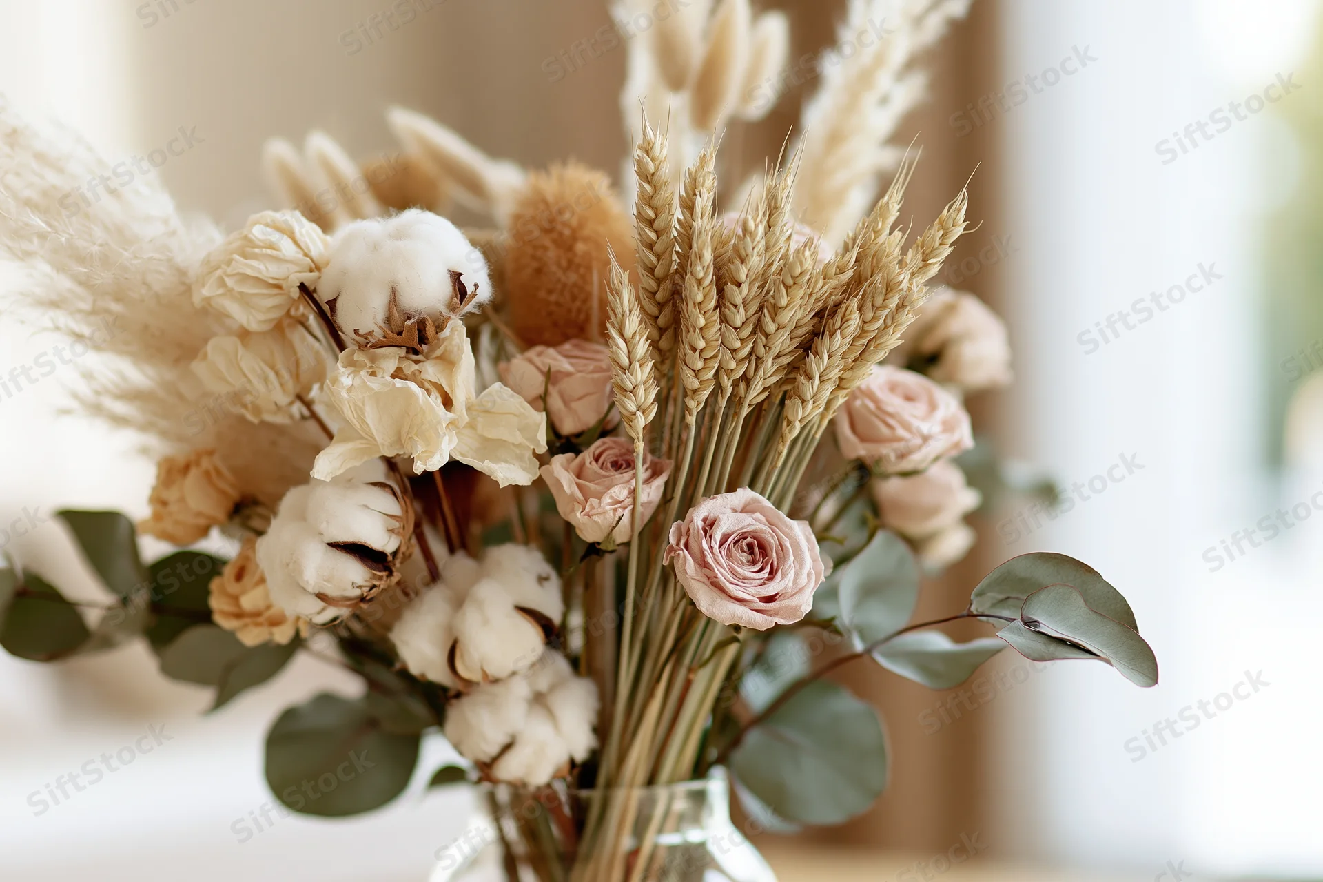 Dried flower arrangement with cotton, wheat, roses and eucalyptus in a glass vase
