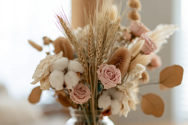 Dried flower arrangement with cotton, wheat, and roses in a glass vase on a soft-lit surface