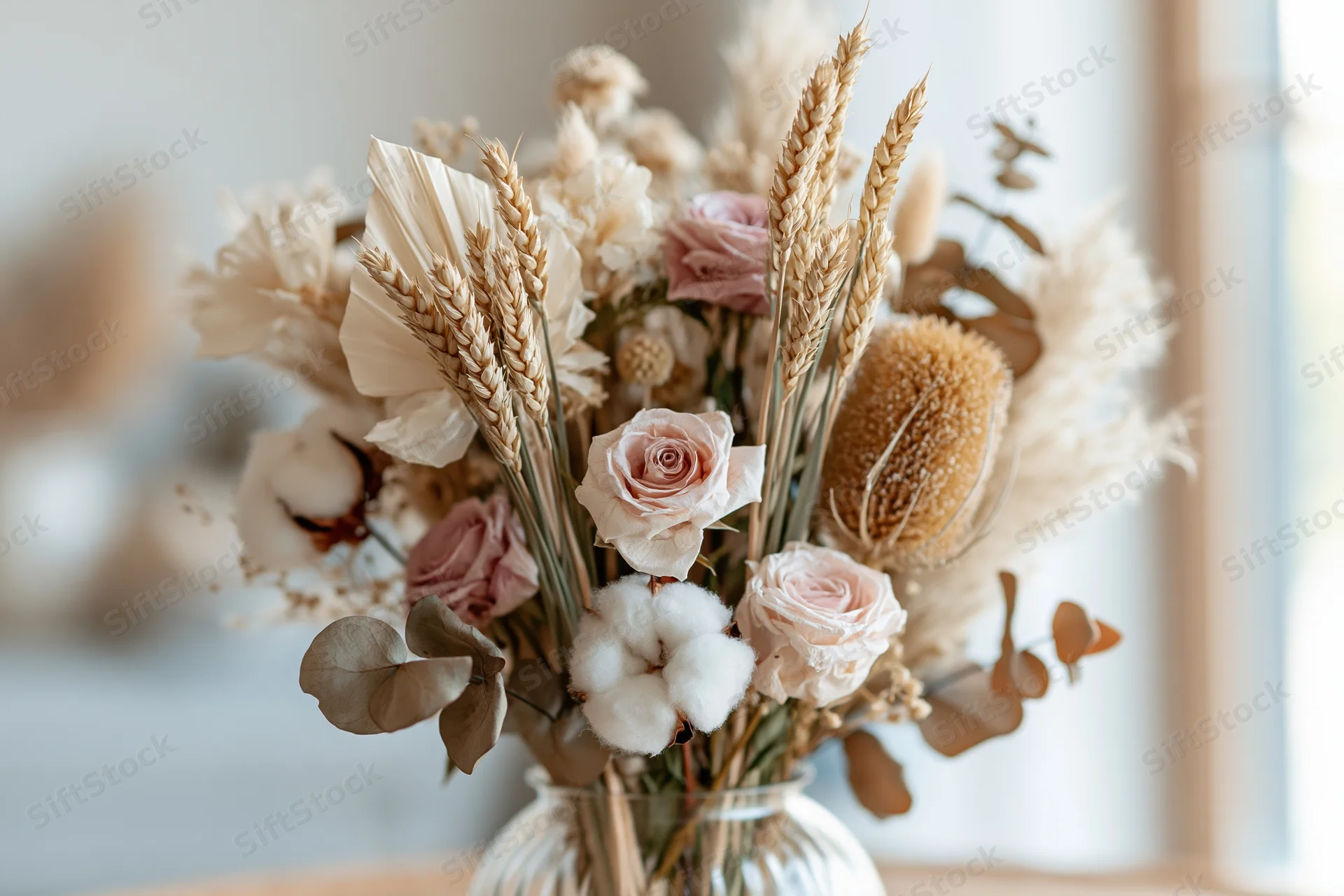 Dried flower arrangement with cotton bolls, wheat, and roses in a glass vase on a table