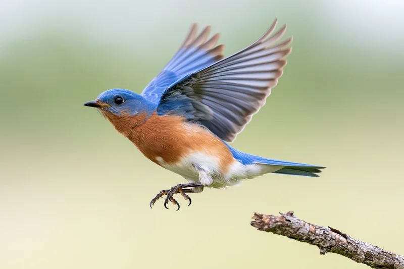 Eastern bluebird launching into flight from a broken bare branch tip