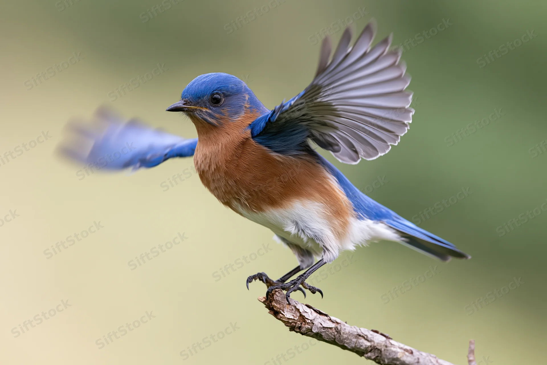 Eastern bluebird launching into flight from a bare broken branch tip with wings spread