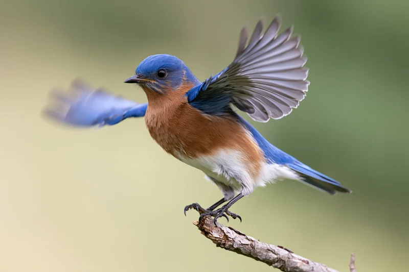 Eastern bluebird launching into flight from a bare broken branch tip with wings spread
