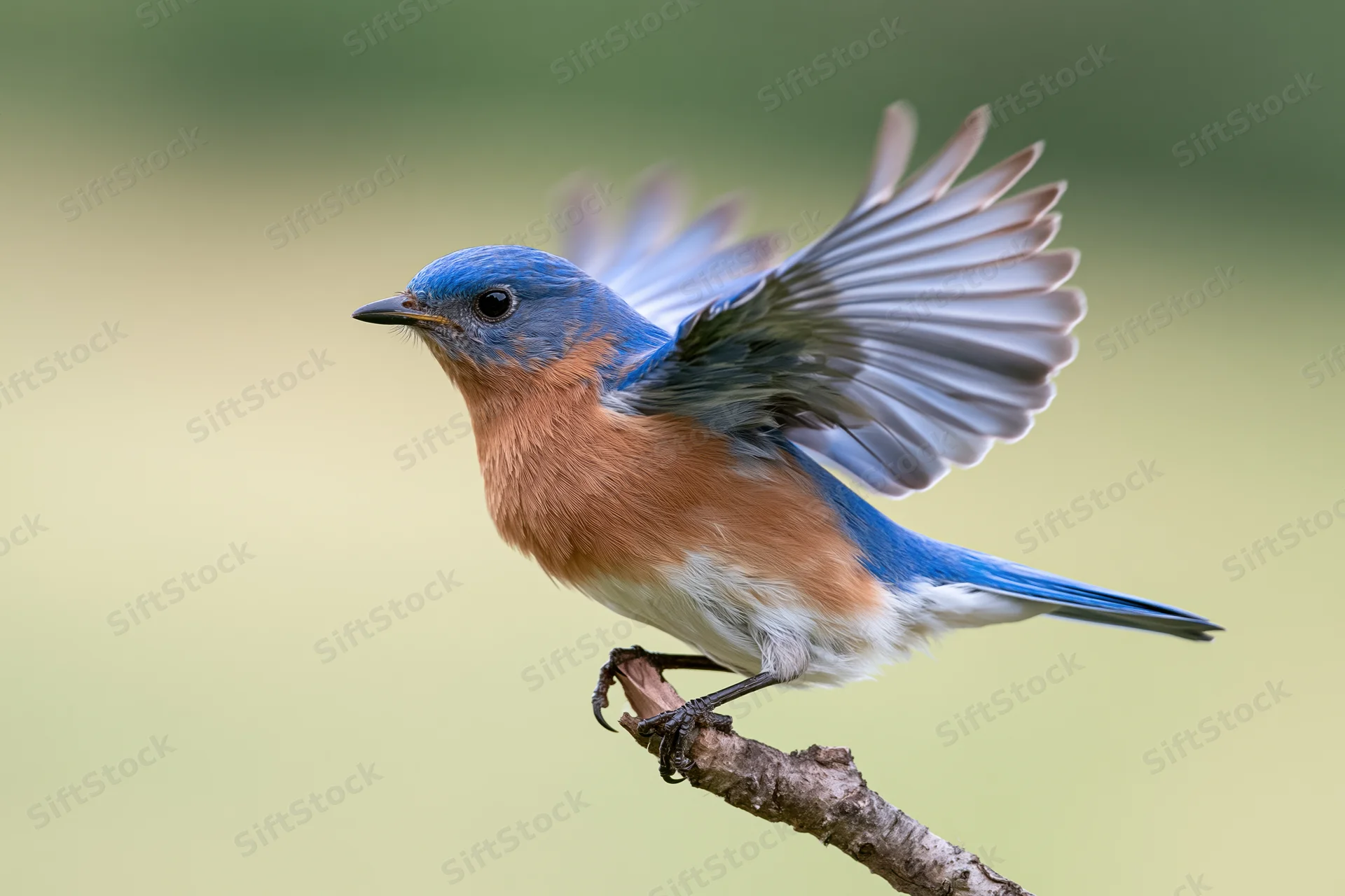 Eastern bluebird launching from a bare broken branch tip with wings spread in motion