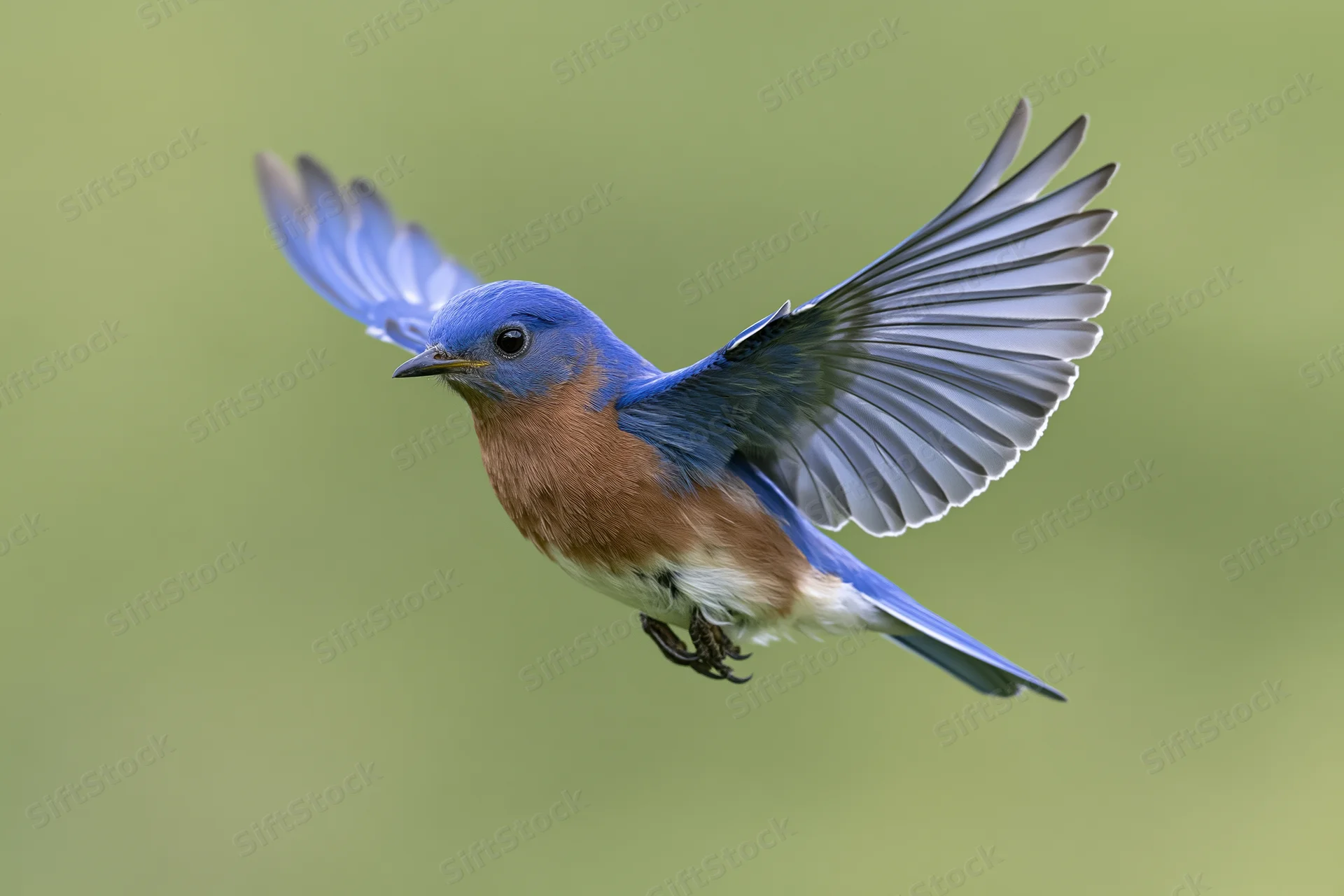 Eastern bluebird hovering mid-flight with wings fully spread against a green background