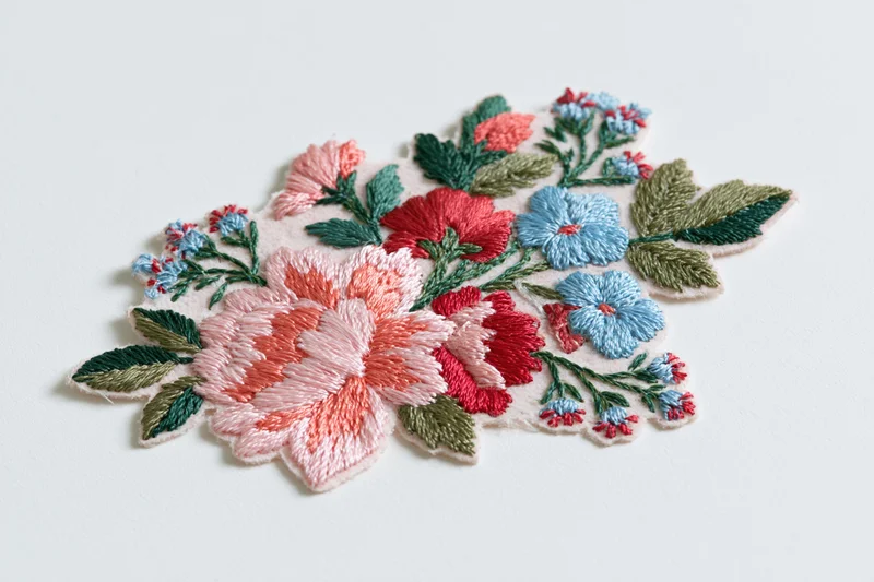 Embroidered floral bouquet patch isolated on white background