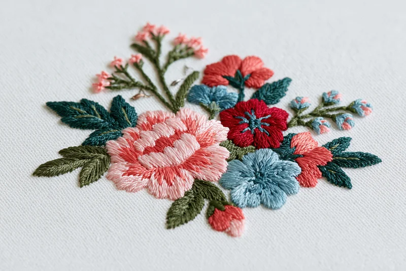 Embroidered floral bouquet patch on white fabric background