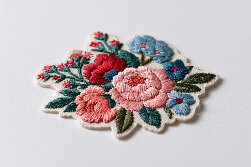 Embroidered floral bouquet patch isolated on white background