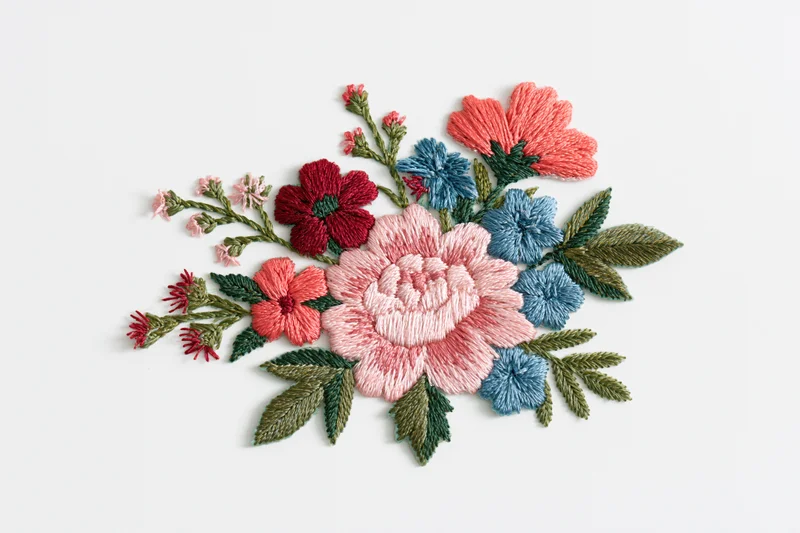 Embroidered floral bouquet patch isolated on white background