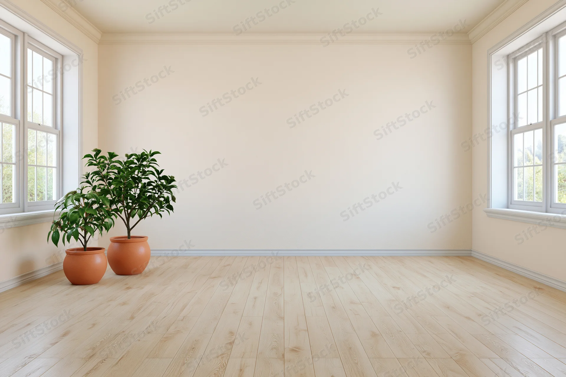 Empty bright room with light hardwood floors and two potted green plants near windows