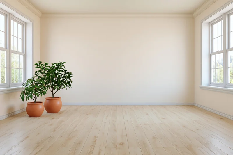 Empty bright room with light hardwood floors and two potted green plants near windows