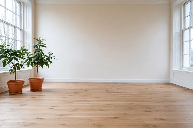 Empty bright room with light hardwood floors and two potted plants near windows