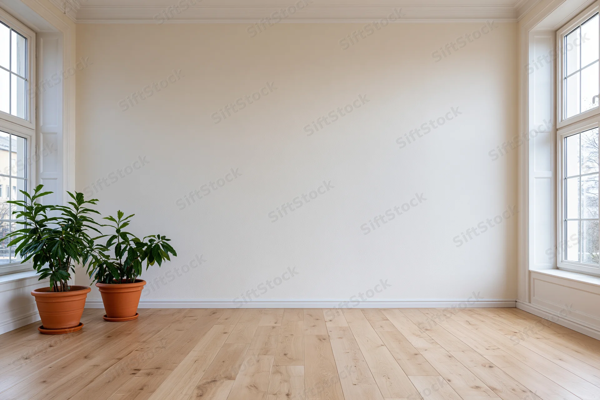 Empty bright room with light hardwood floors and two potted plants near windows