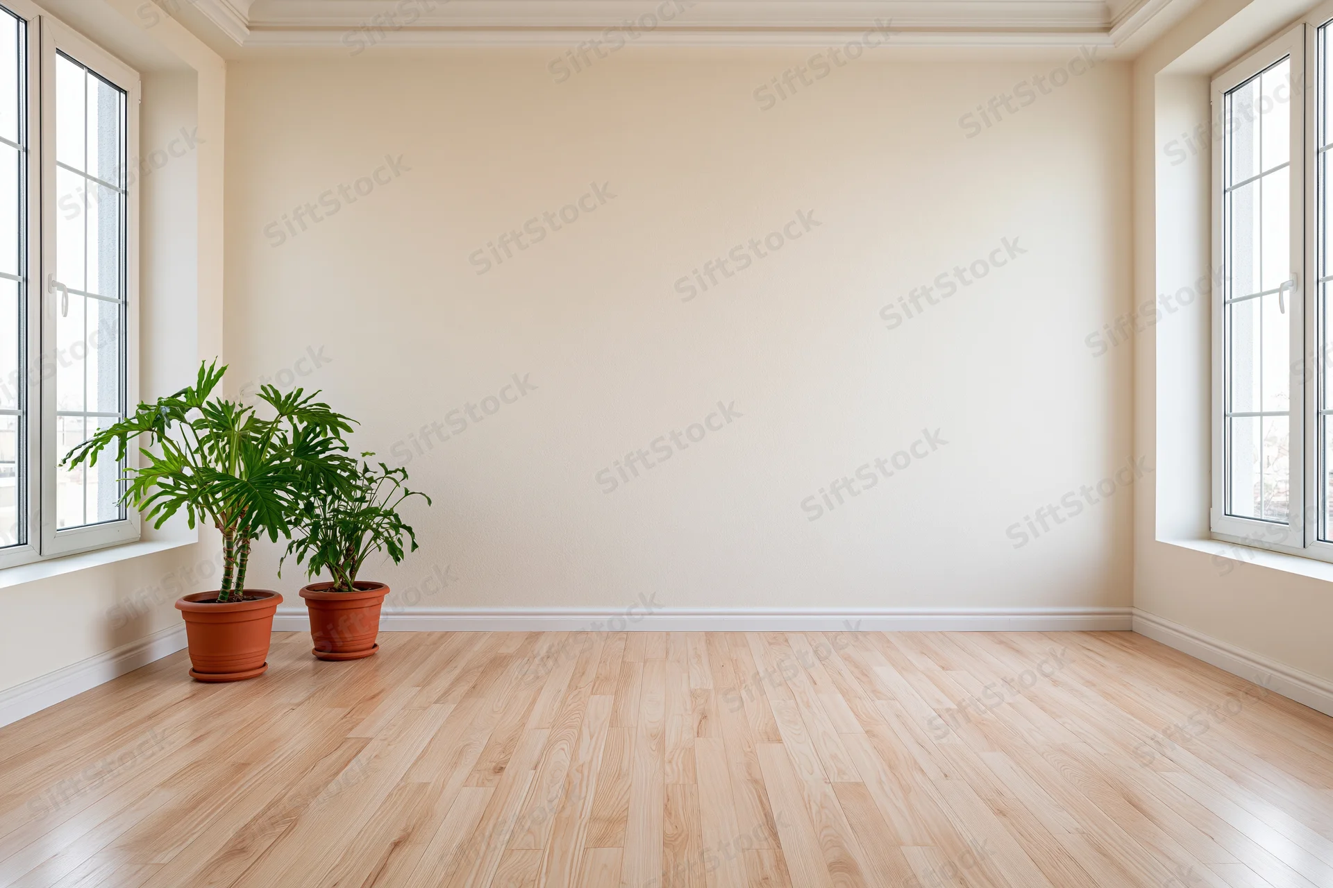 Empty bright room with light hardwood floors and two potted plants near windows