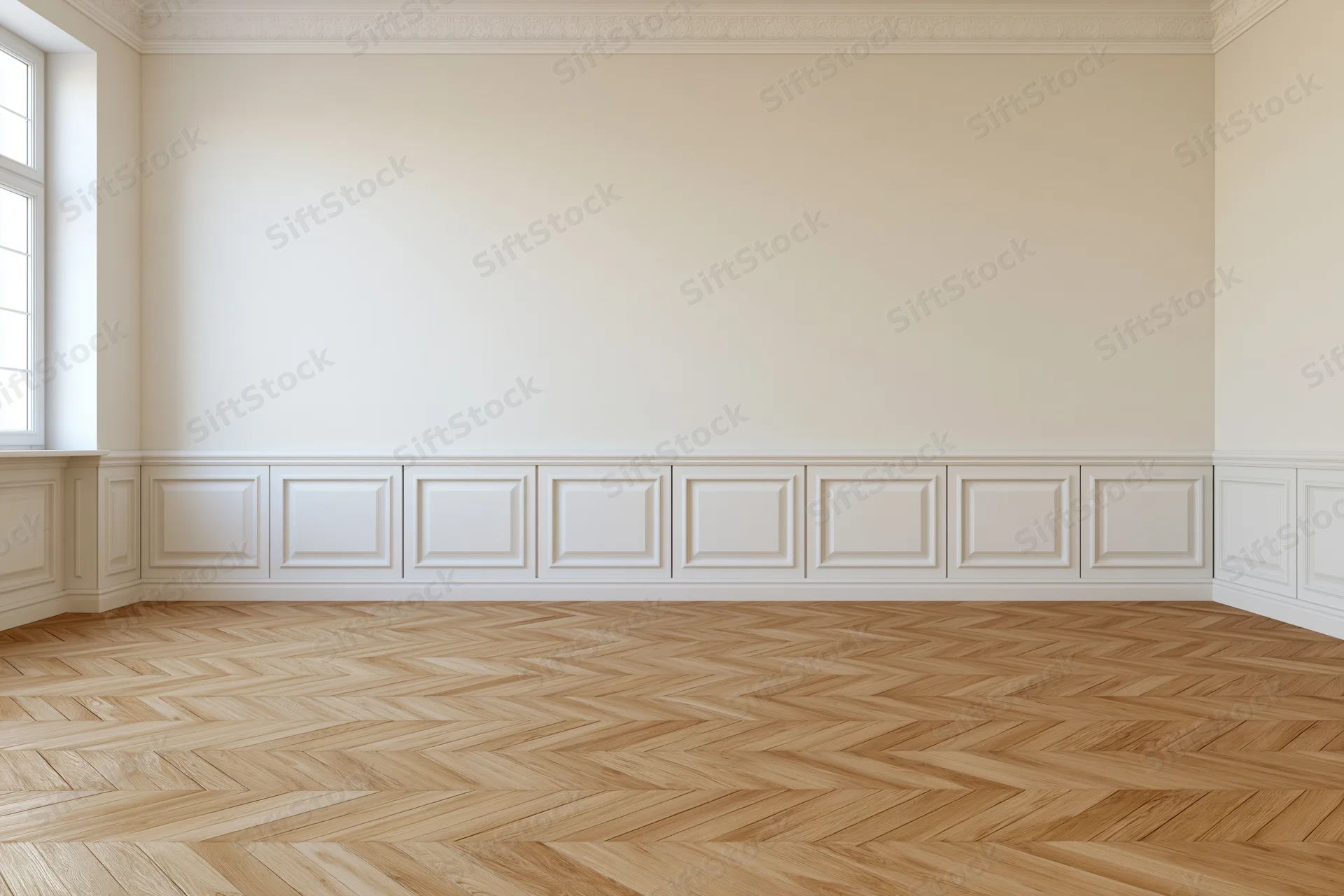 Empty classic interior room with white wainscoting panels and herringbone wood flooring