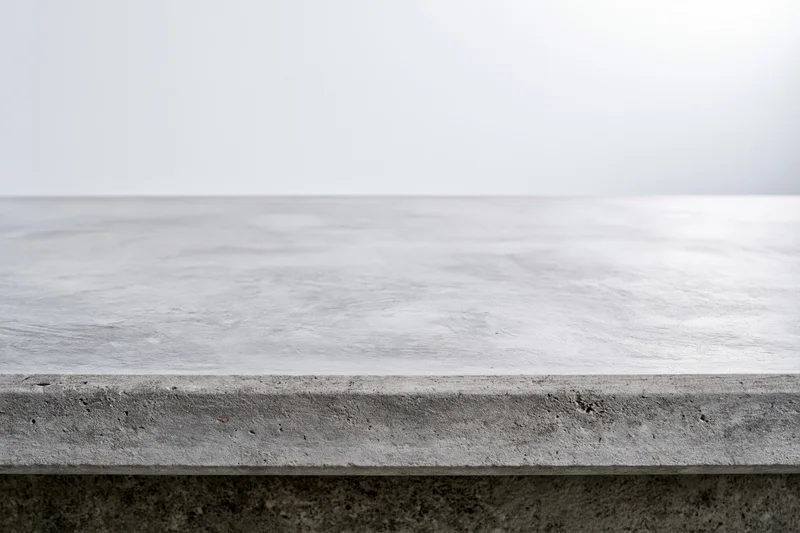 Empty concrete tabletop viewed straight on from low angle with copyspace above