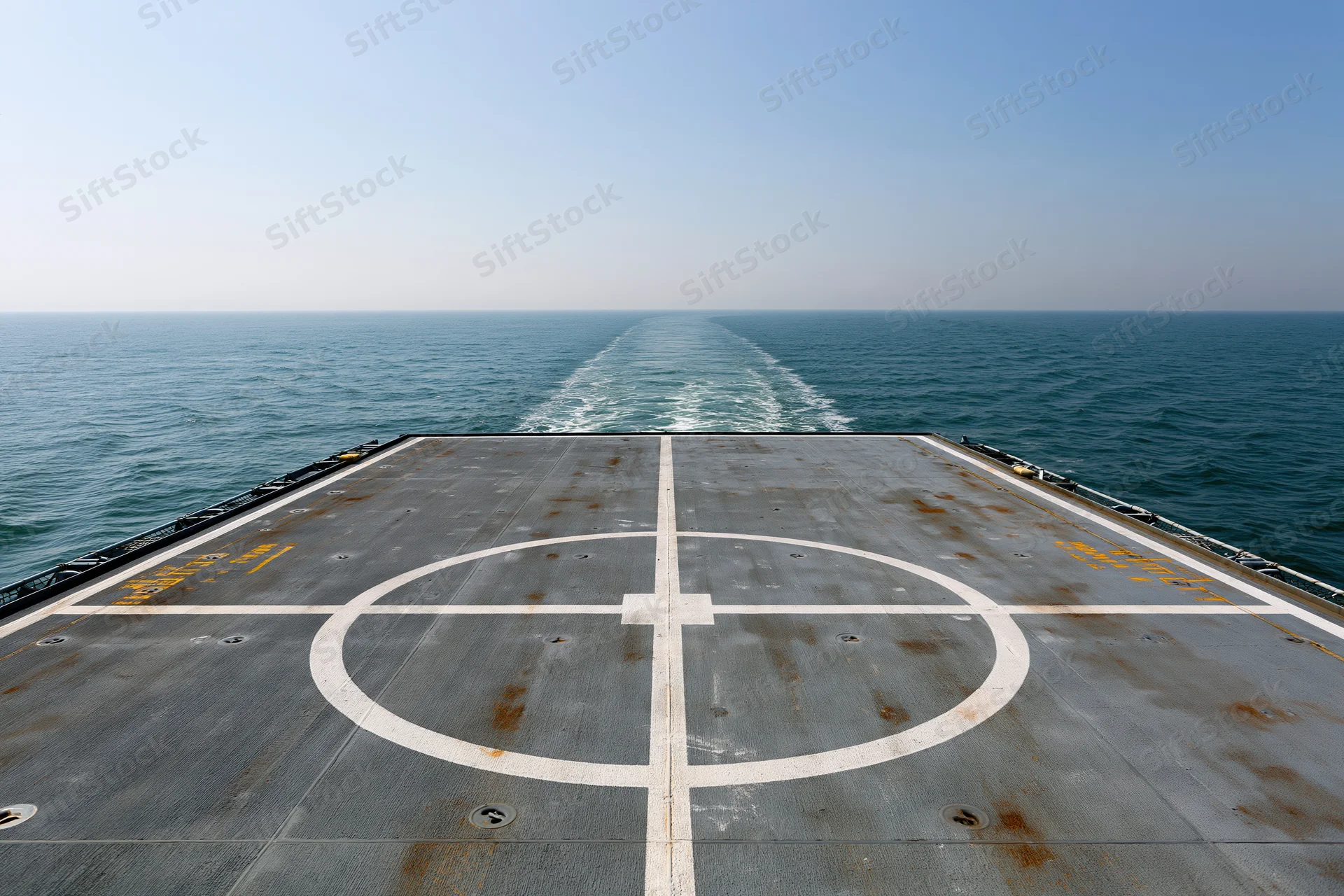 Helicopter landing pad on stern deck of naval ship with ocean wake trailing behind
