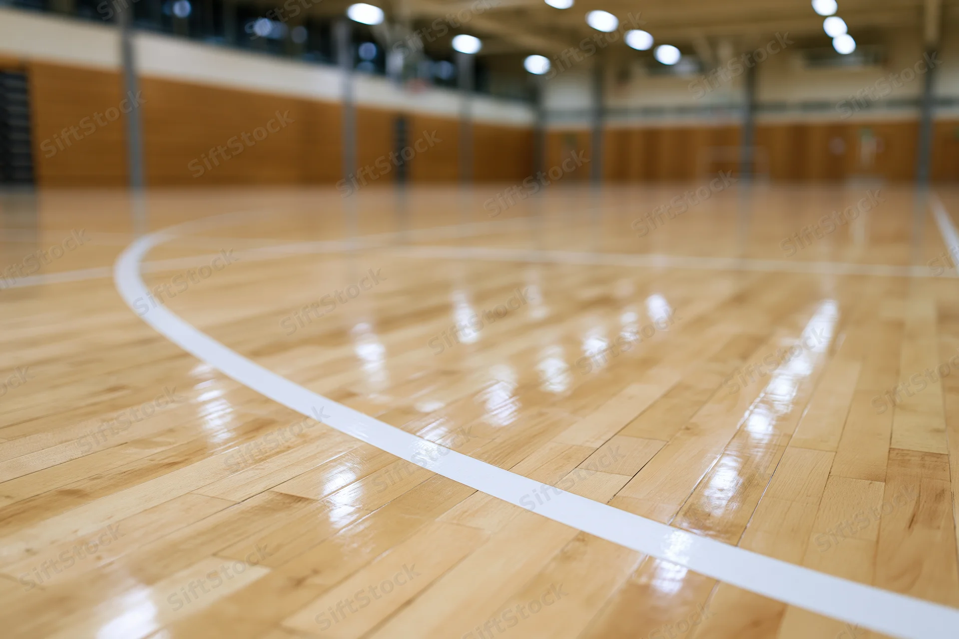 Low-angle view of polished hardwood basketball court floor with white boundary line indoors